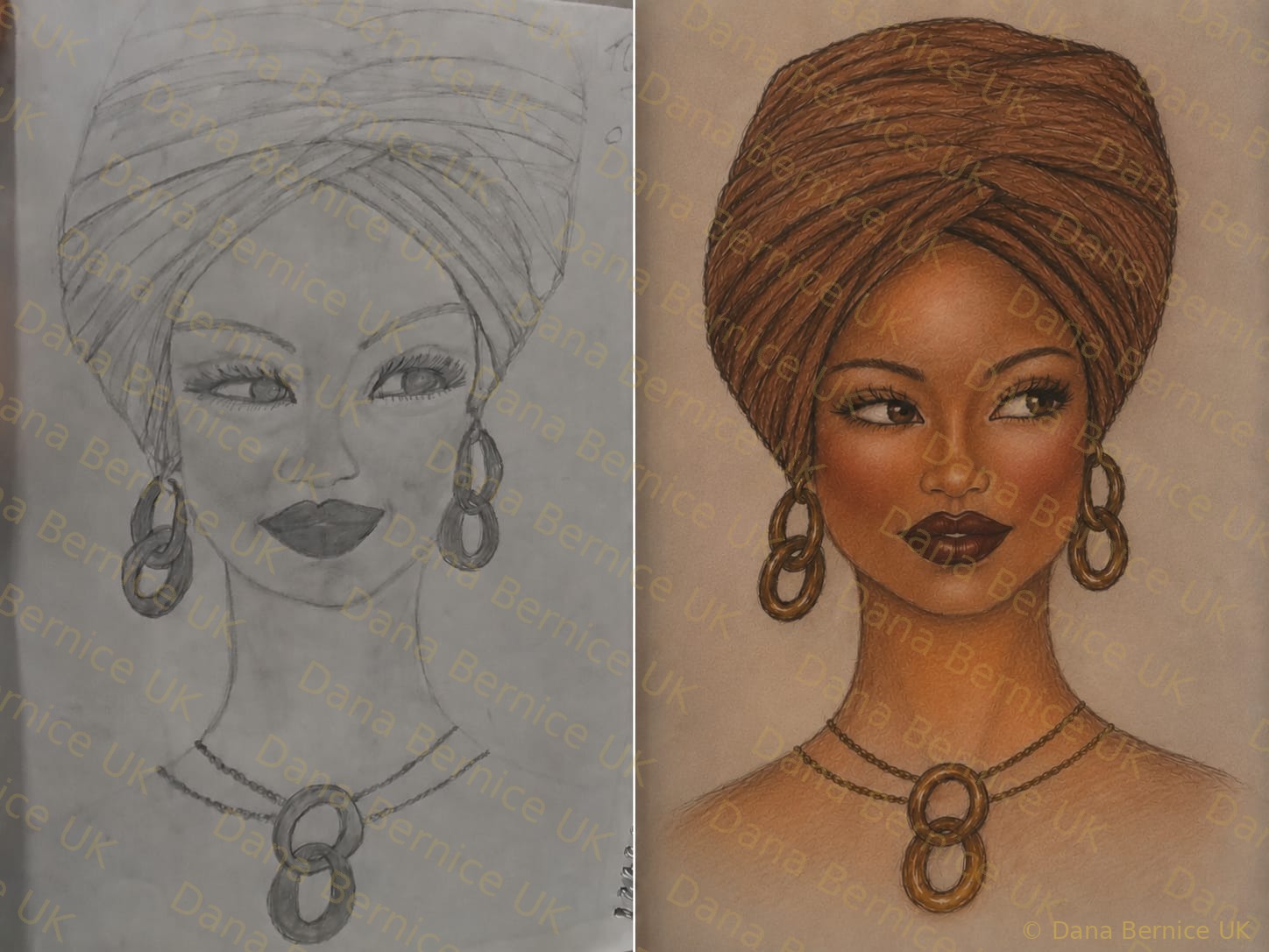 Dana Bernice UK coloured pencil portrait with gold jewellery