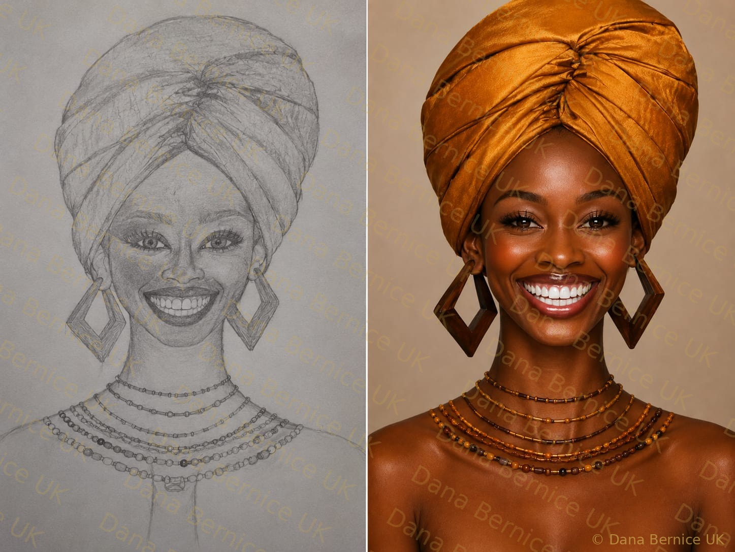 Dana Bernice UK sketch to digital headwrap portrait