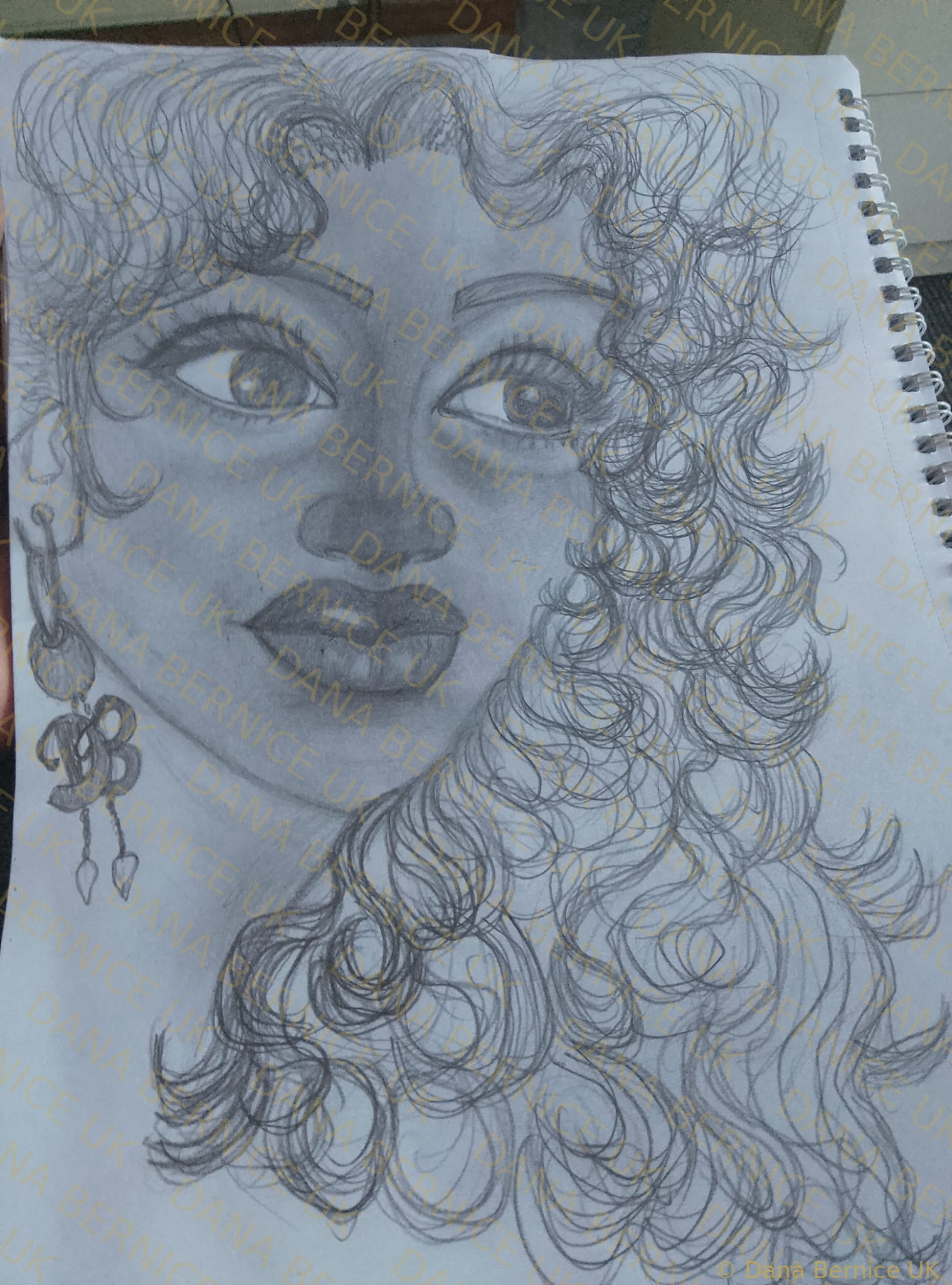 Dana Bernice UK pencil portrait with DB earrings